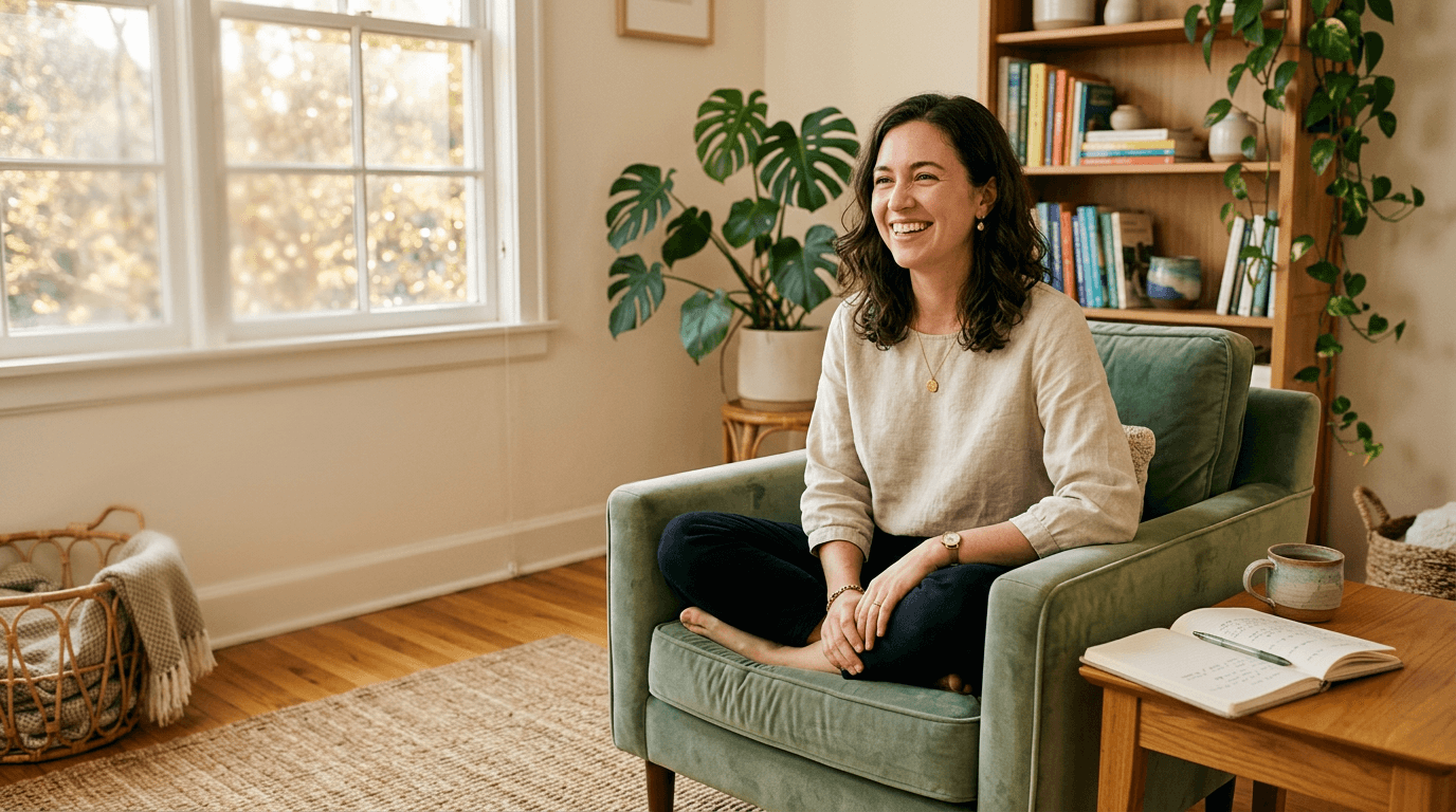 A therapist sitting in a warm modern office with golden afternoon light