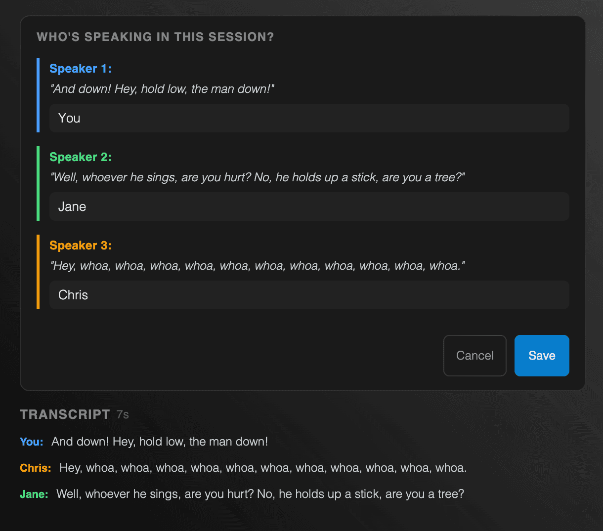 Speaker labeling in the session view