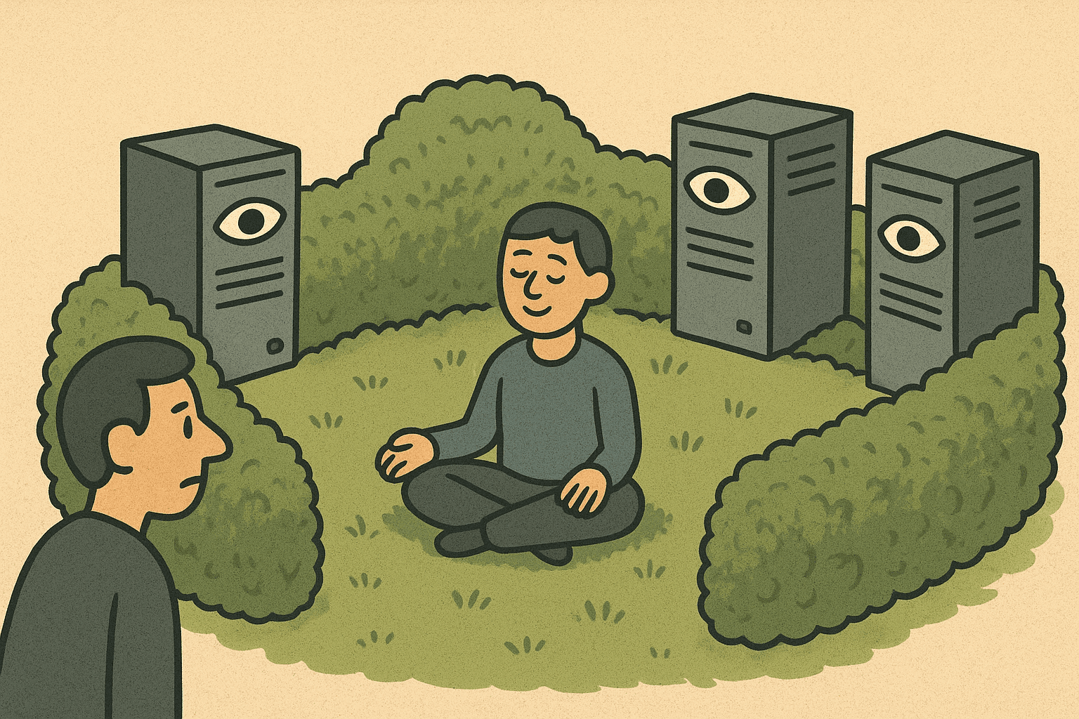 Illustration of deceptive privacy - person meditating while being monitored by servers
